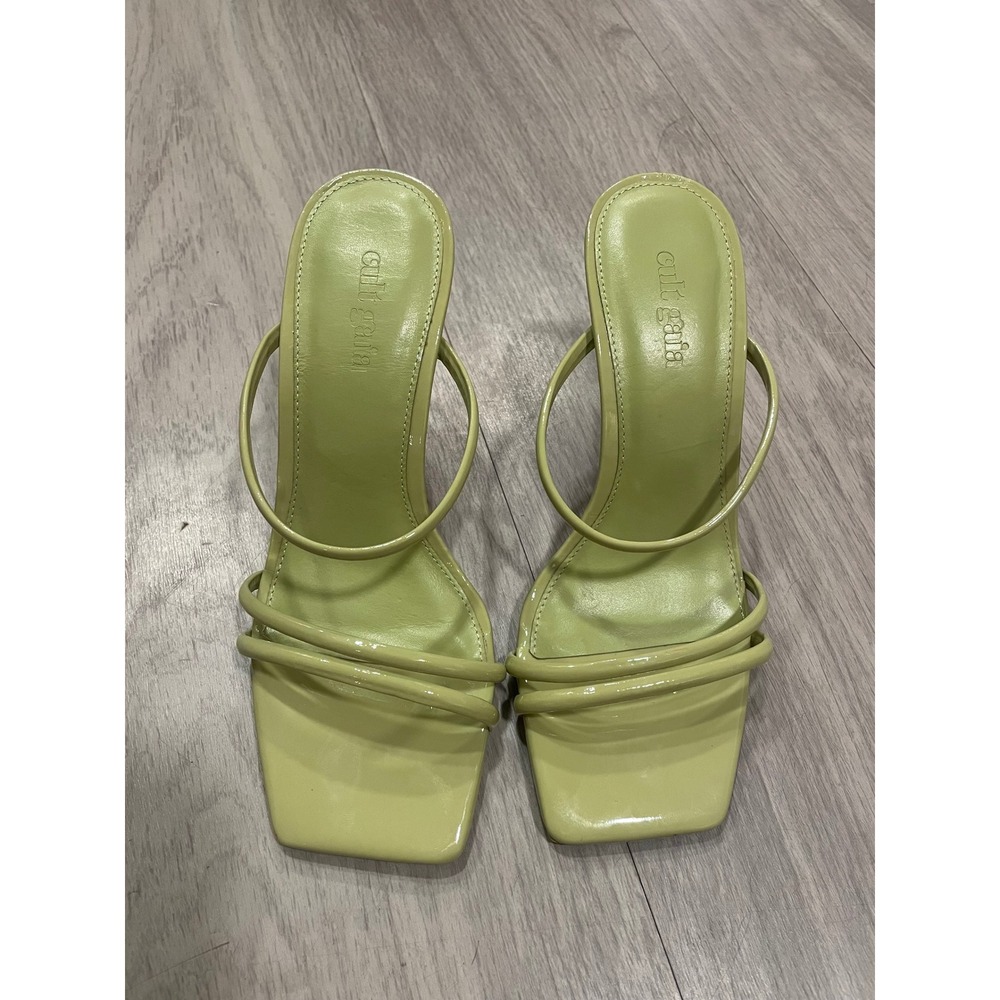 Cult Gaia Jila Lime Green Patent Leather Square Toe Gold Stiletto Heel Sandal 35 - Picture 2 of 7